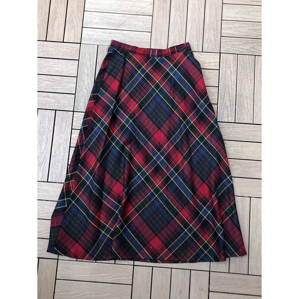 Vintage Ralph Lauren wool Green and Red Tartan Plaid Bias wool Midi Skirt